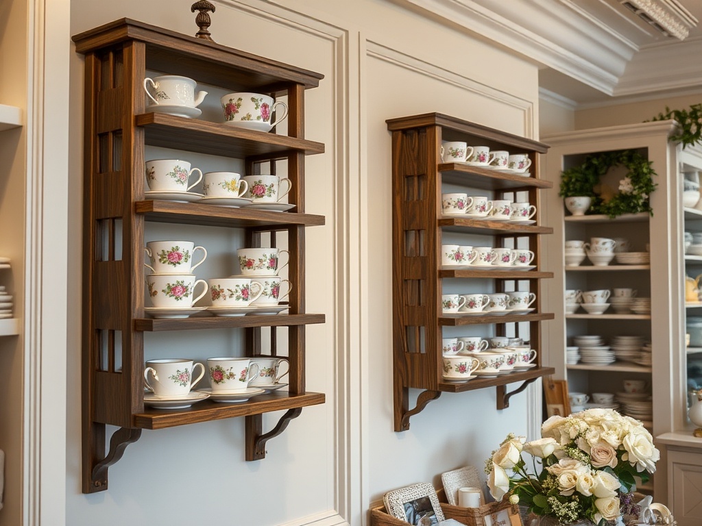 Porcelain teacups on a marble surface with soft lighting