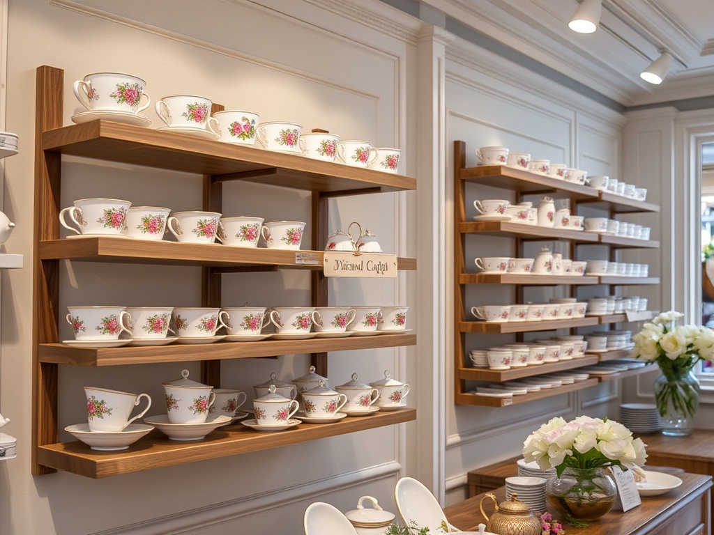 Wall-mounted teacup rack in cream and gold