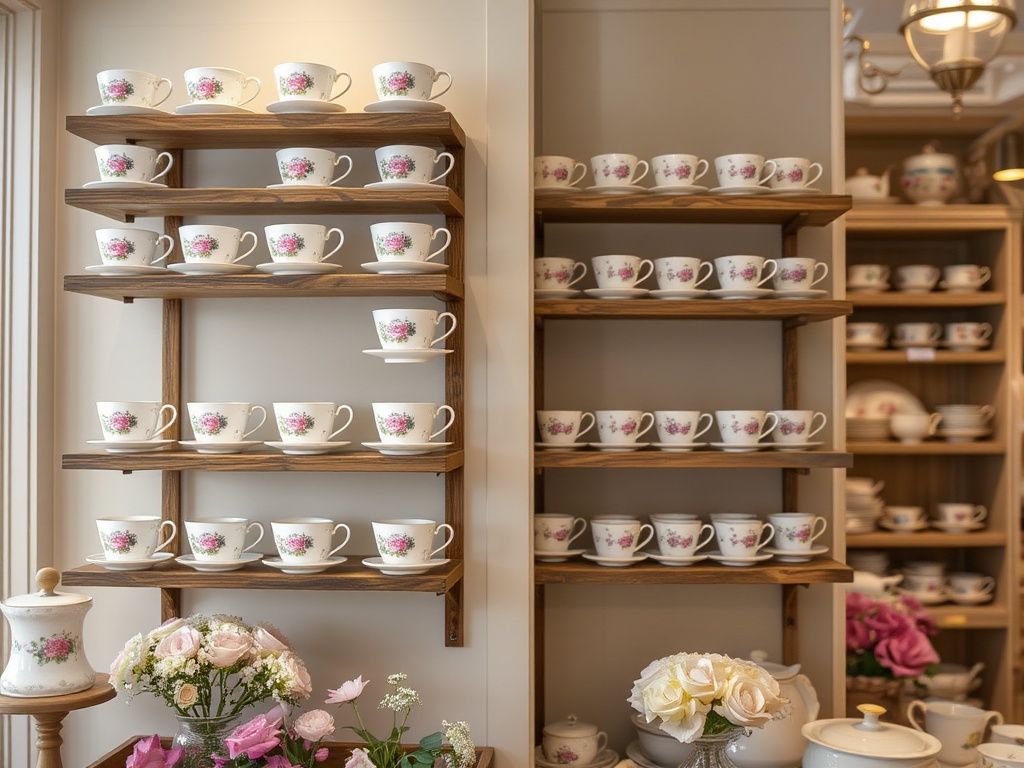 Arrangement of teacups by colour on a white shelf