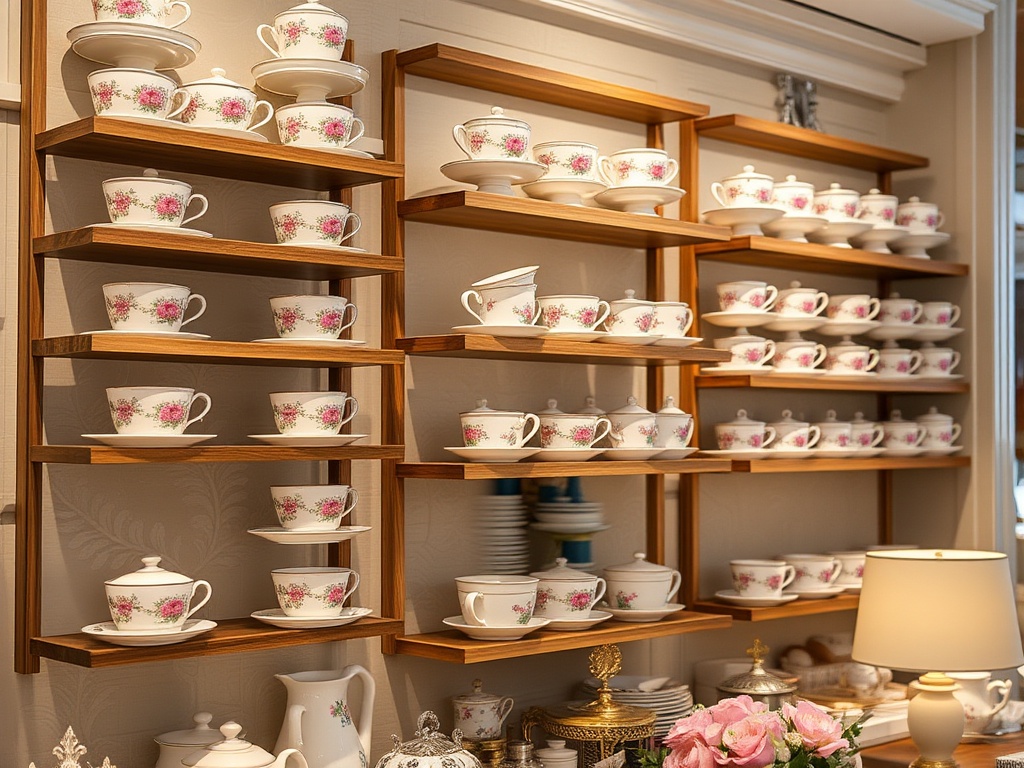 Symmetrical display with gold-rimmed cups