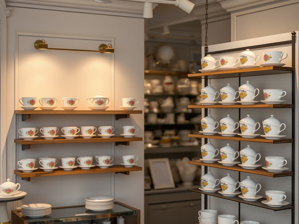 Teacups on a tiered stand near a window