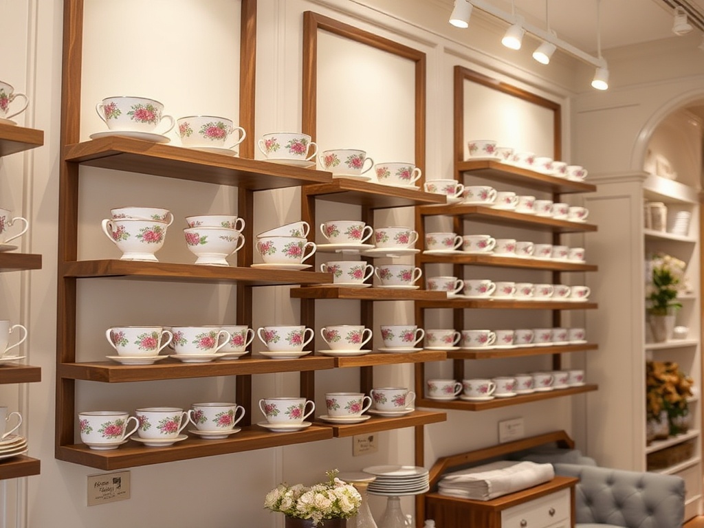 Inviting display area with teacups and natural light